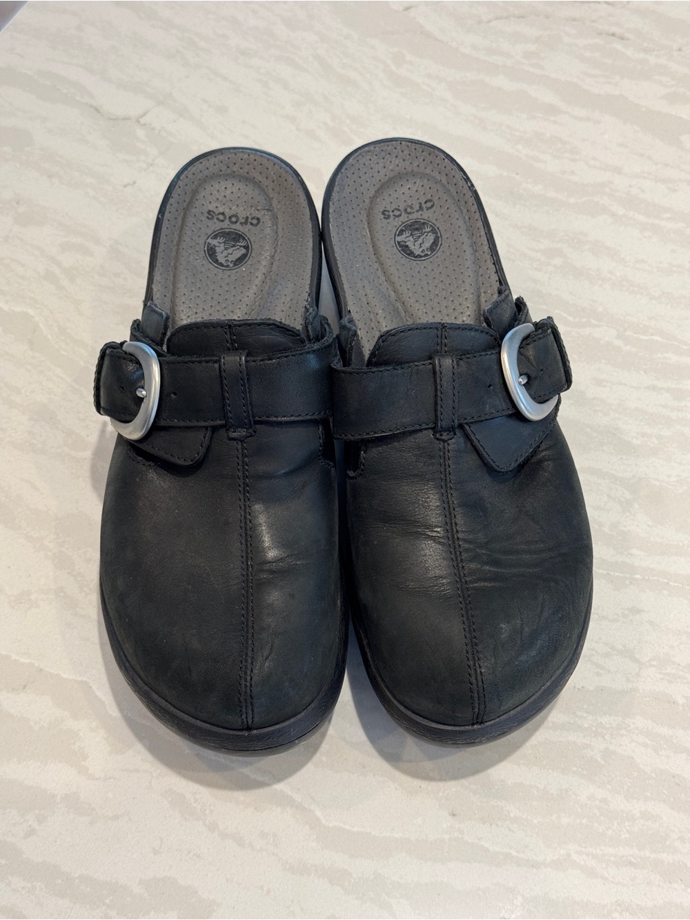 CROCS Black Leather Slip-On Clogs with Silver Buckle